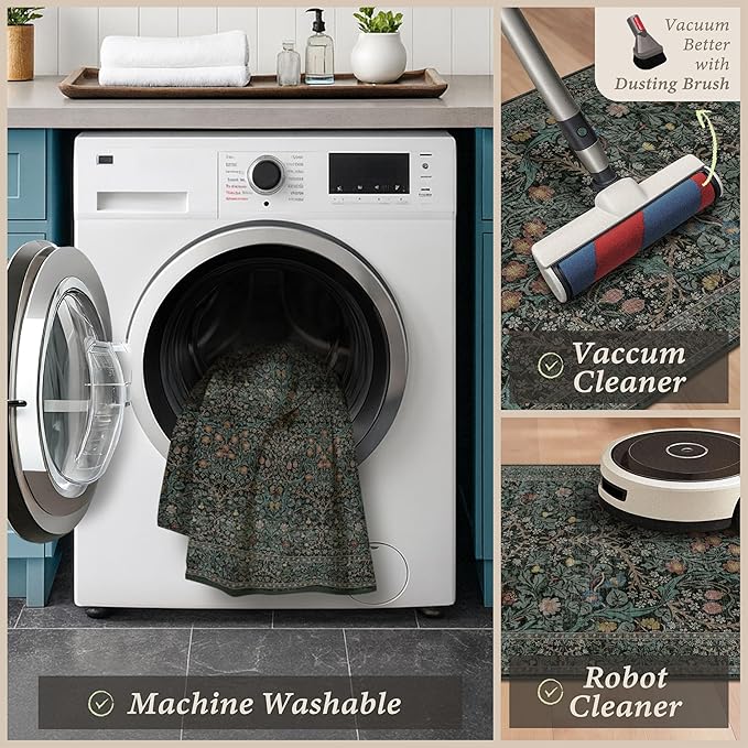 Black Green Kitchen Rug Set of 3, Washable Non-Slip Mats - Image 4