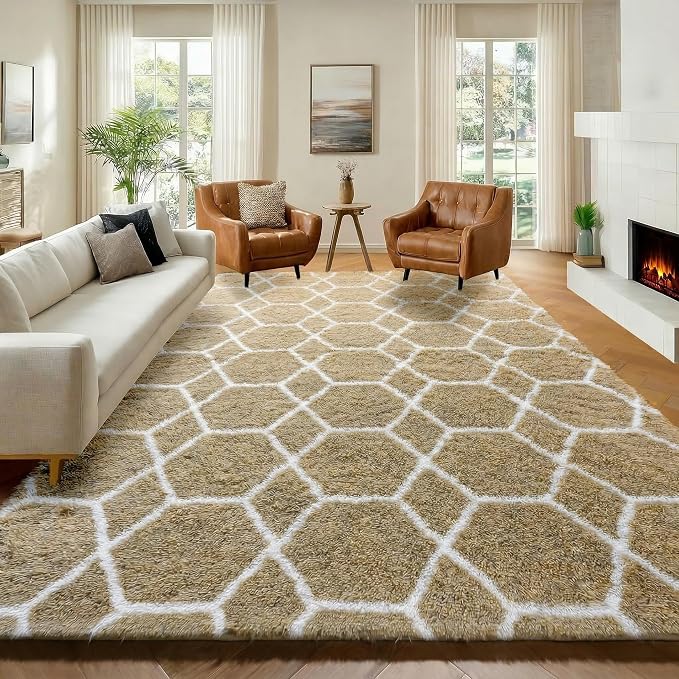 ONASAR 7x9 Area Rugs for Living Room Bedroom, Large Fluffy Beige and White by ONASAR