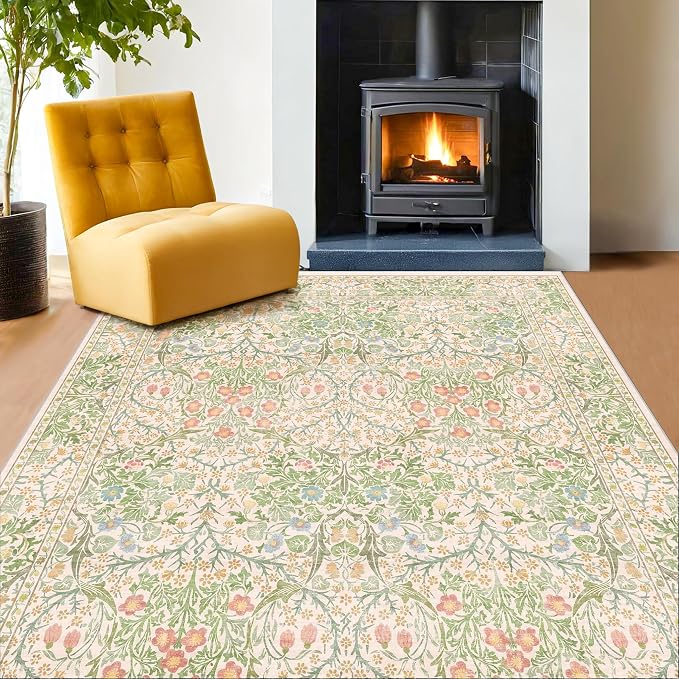 Hazo Haus Light Beige Green Floral Living Room Rug, 7x9 Washable Area Rug by HazoHaus