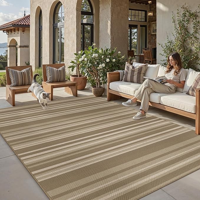 8x10 Easy Jute Stripe Area Rug Beige Brown Indoor Outdoor Rug Non Slip Neutral by WondRg