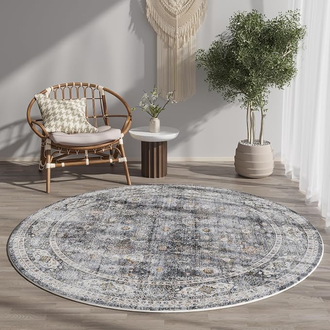 Rugcomf Round Rug 4ft Washable Circle Rug Non Slip Low Pile Boho Small Circular - Image 7