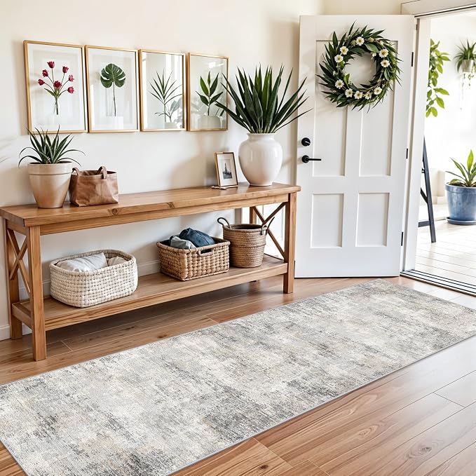 2x8 Washable Hallway Runner Rug – Non-Slip Modern Abstract Neutral Low-Pile - Image 3