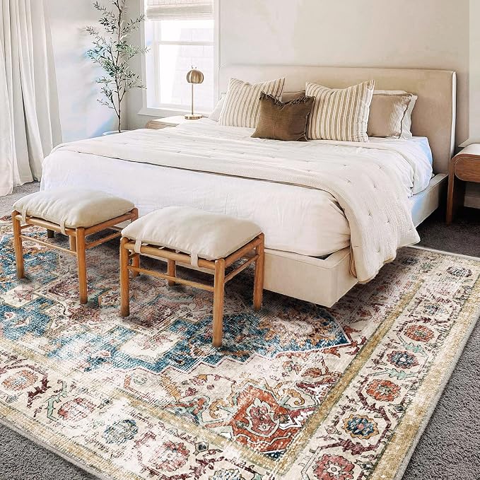 CHAMPLANT Washable Area Rug 9'x12' Beige Blue Boho Chic Medallion Distressed - Image 3