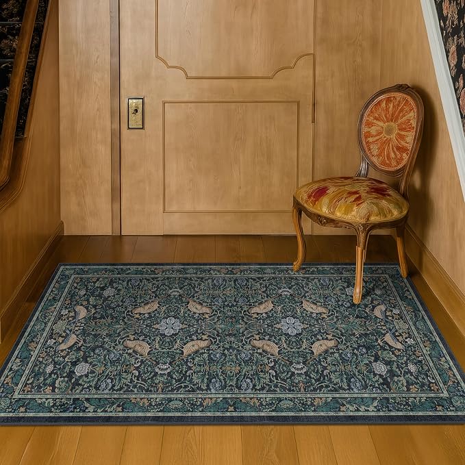 Traditional Washable Entryway Rugs, 3x4 Blue and Green Floral Kitchen Mat by HazoHaus