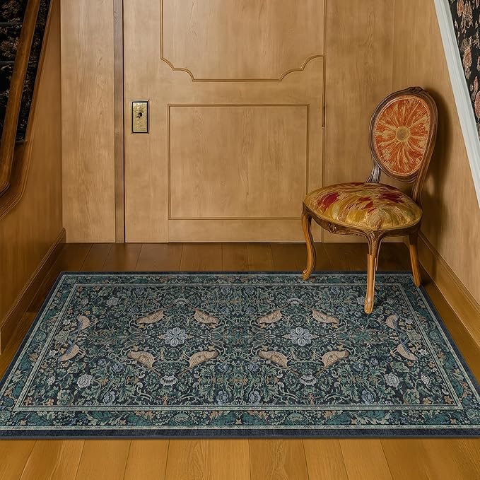 Washable Floral Small 2x3 Dark Blue Entryway Rugs Indoor, Botanical Bird - Image 8