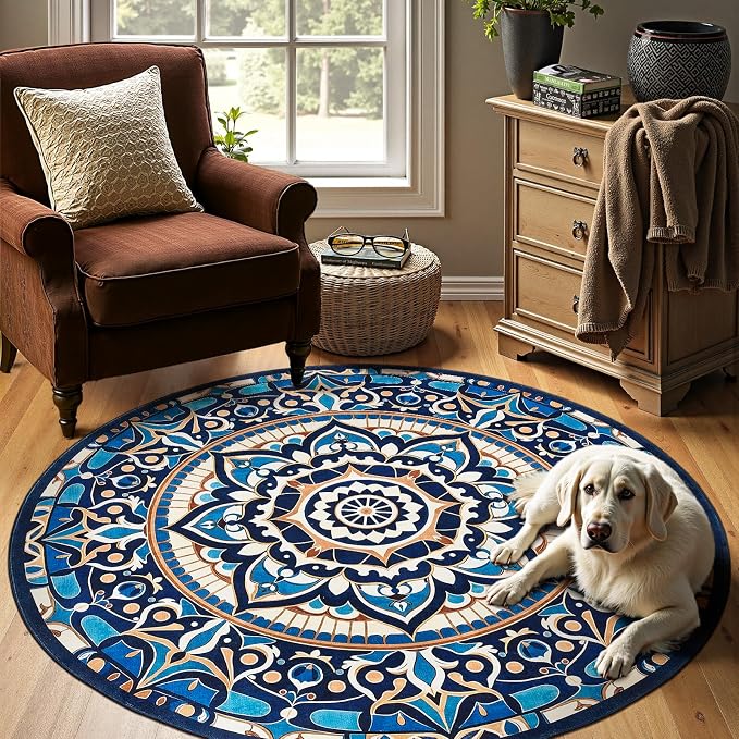 jinchan Mandala Round Rug 6ft Blue Boho Washable Rug Moroccan 6' Round Modern by JINCHAN