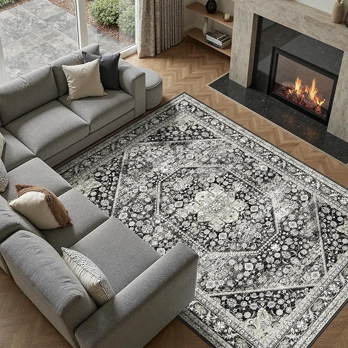 DCX Machine Washable Black Area Rug 8x10, Non Slip Stain Resistant Vintage - Image 2