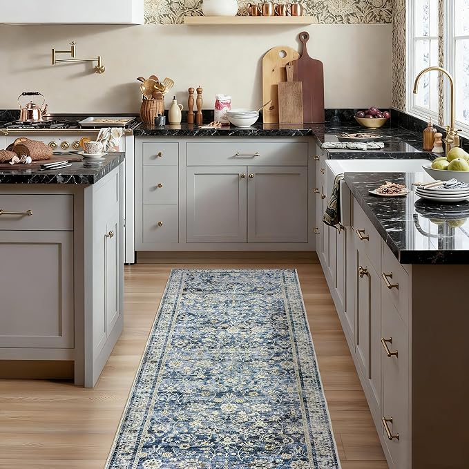 Blue 2x6 Runner Rug for Hallway Low Pile Kitchen Rugs Non Slip Washable Vintage - Image 8