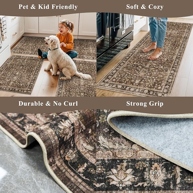 Washable Non-Skid 3 Piece Kitchen Rugs Set – Modern Boho Floral Low-Pile Area - Image 5