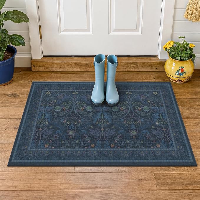 Blue Small 2x3 Entryway Rugs Indoor, Oriental Floral Kitchen Mats Non Slip - Image 6