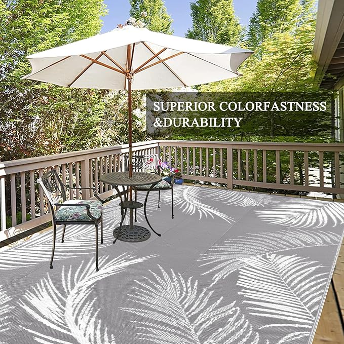 Pauwer Outdoor Rug, Leaf Grey, Reversible, Waterproof, Polypropylene, - Image 6