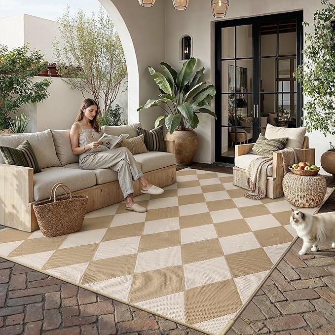 Outdoor Plastic Checkered Rug Waterproof Patio 9x12 Beige Brown Diamond - Image 3