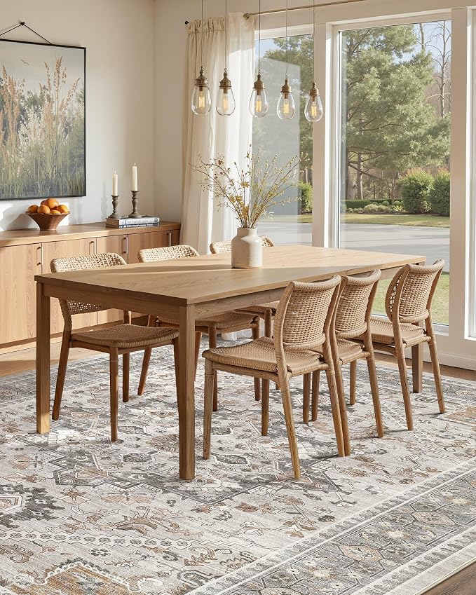 7x9 Vintage Area Rug: Washable Neutral Soft Non Slip Thin Large Floor Carpet - Image 7