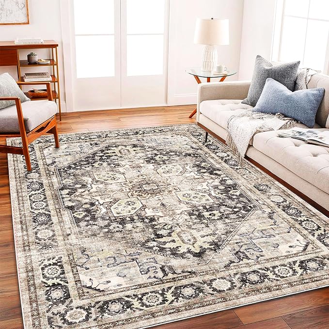 CHAMPLANT Washable Area Rug 10'x14' Black-Purple Khaki Retro Flowers Boho - Image 2