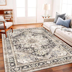 CHAMPLANT Washable Area Rug 10'x14' Black-Purple Khaki Retro Flowers Boho - Image 2