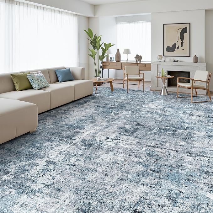 Soalmost 12x15 Washable Area Rug Blue/Grey Neutral Abstract Living Room Large - Image 3