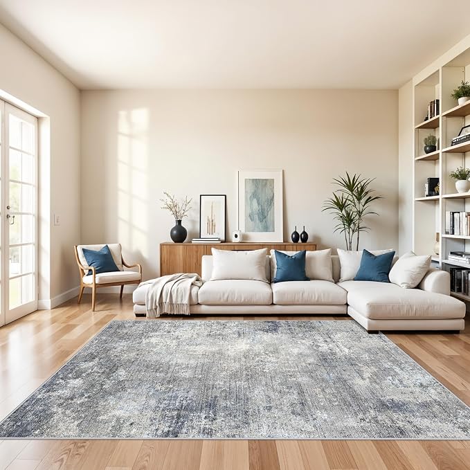 7x7 Square Rug Machine Washable – Modern Neutral Abstract Non-Slip Area Rug by BYYVOORugsforYourHome