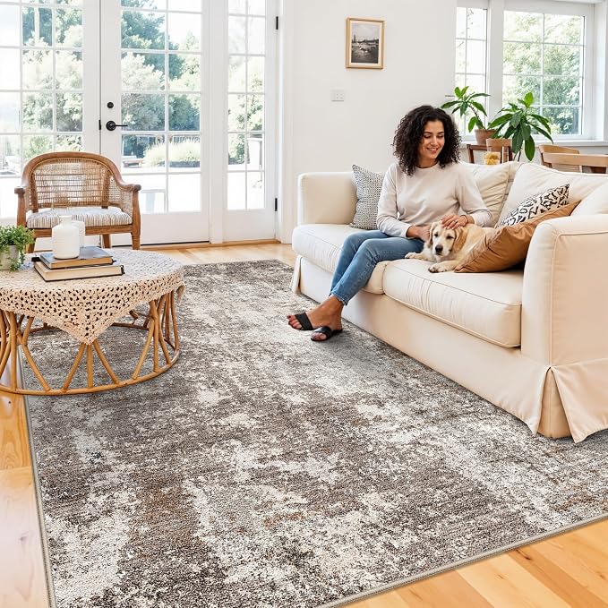 Area Rugs for Living Room: 6x9 Washable Neutral Abstract Rug for Bedroom Large - Image 3