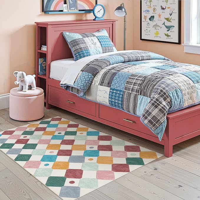 jinchan Macy 3x5 Area Rug for Kids Room Modern Colorful Checkered Diamond - Image 3