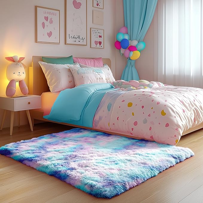 PAGISOFE Cute Furry Pastel Rug for Girls Bedroom, Soft Adorable Rainbow Purple - Image 9