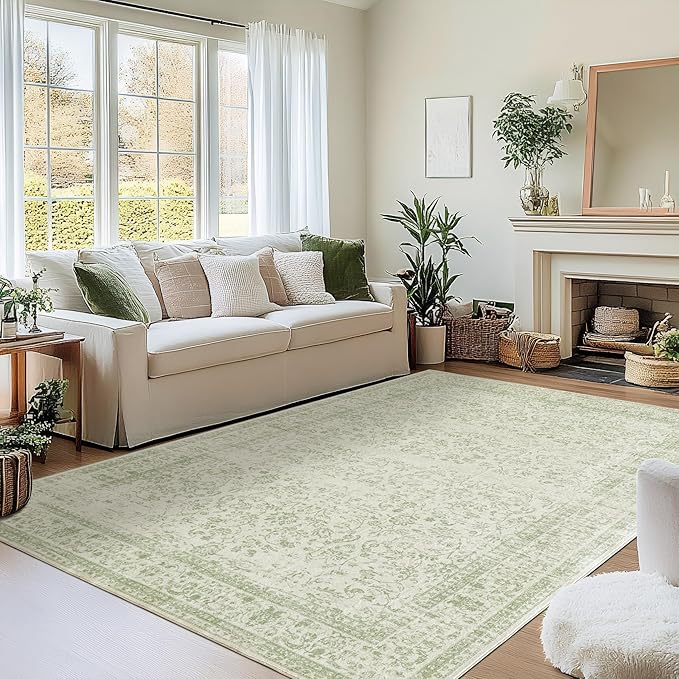 Sage Green Rug 5x7 Baby Girl Nursery Decor Neutral Boho Floral Pattern by BILEEHOME