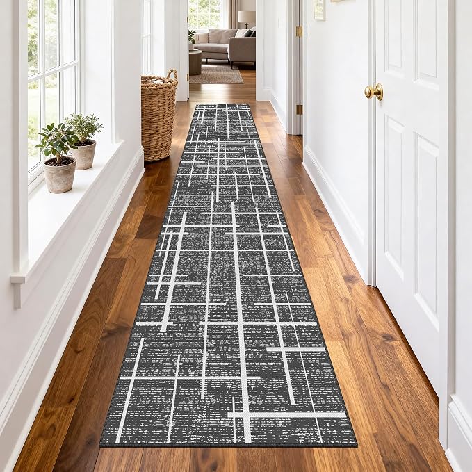 Non Slip Hallway Runner Rug 2.6x12, Modern Distressed Stripe, Washable Extra - Image 2