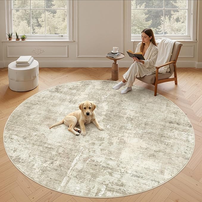 Soalmost 8x8 Beige Gray Round Rug 8ft Living Room Circle Rug Vintage Round Area by Soalmost
