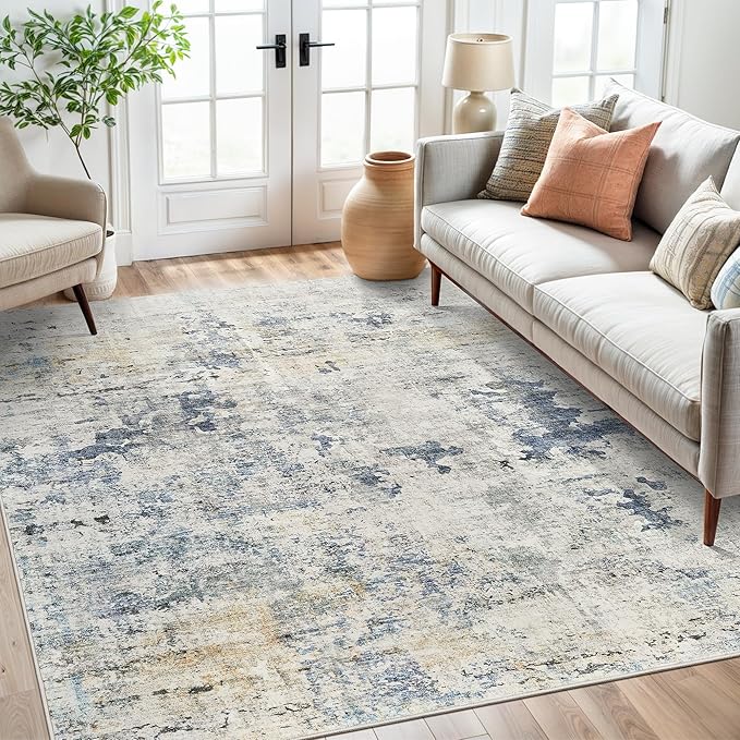 Soalmost Abstract Rug 5x7 Machine Washable Area Indoor Blue Yellow Low Pile - Image 4