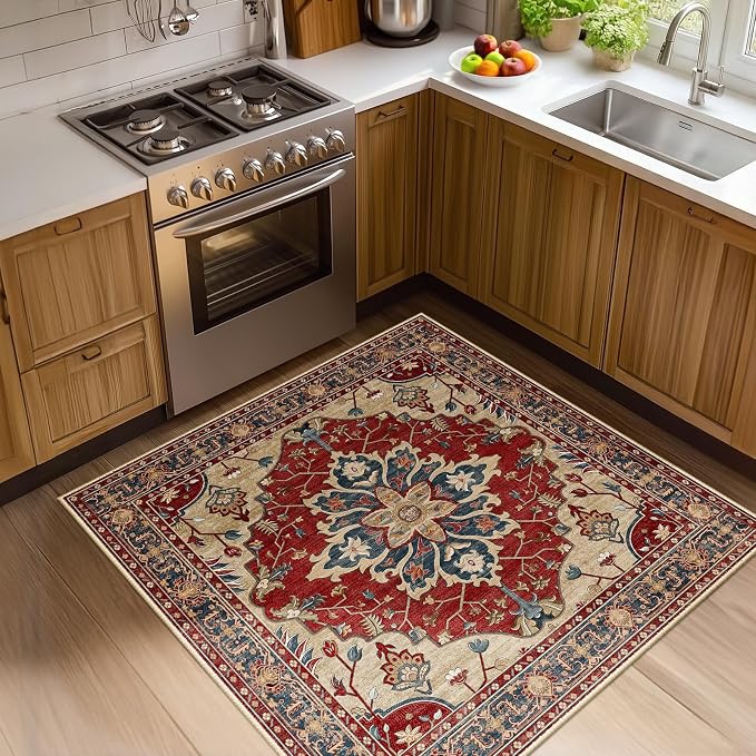 RELEANY Area Rugs Square 4ft Washable Non-Slip, Floral Vintage Distress by RELEANY