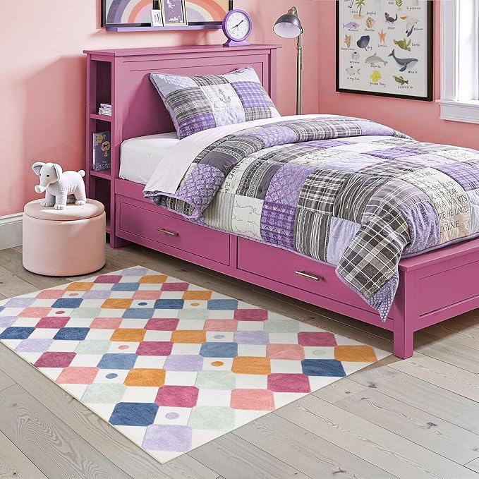 jinchan Macy 3x5 Area Rug for Kids Room Modern Colorful Checkered Diamond - Image 3