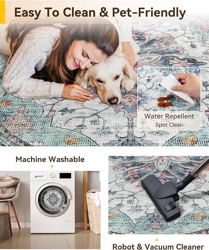 RELEANY Area Rugs Round 5ft Washable Non-Slip, Floral Vintage Distress - Image 4