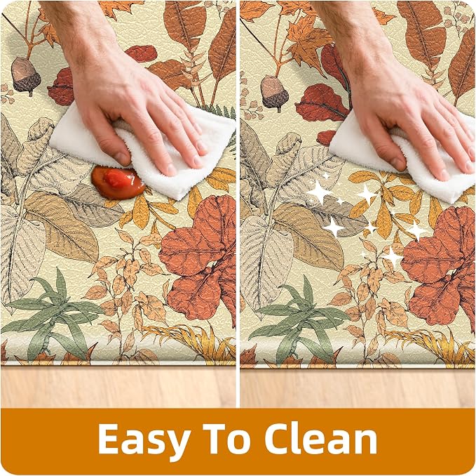 Orange Brown Botanical Kitchen Rugs Set of 2 Fall Maple Anti-Fatigue Kitchen - Image 6