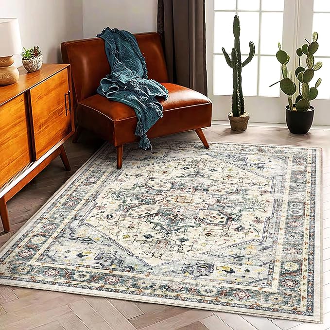 CHAMPLANT Area Rug 6'x9' Cyan Khaki Washable Vintage Traditional Floor Cover - Image 2