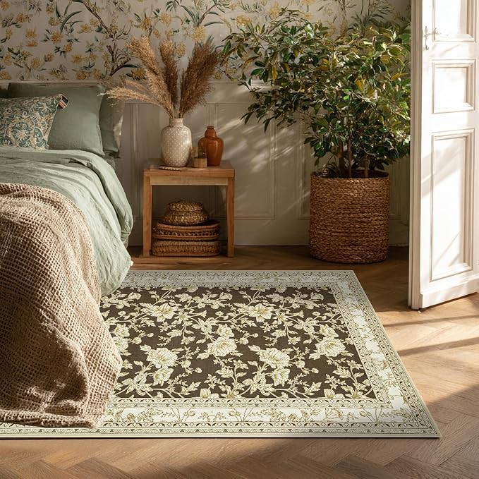 Brown Floral Print Area Rugs for Bedroom Living Room Boho Farmhouse Country - Image 2