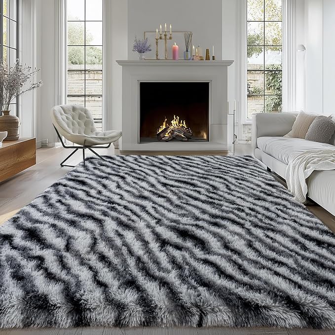 8x10 Large Area Rugs for Living Room, Soft Black White Zebra Big Shag Rug for - Image 2