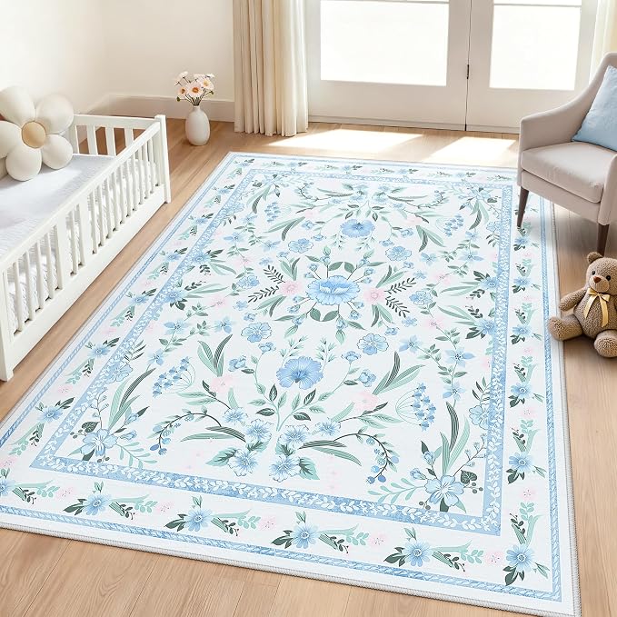 Blue and Green Rug Floral 4x6 for Girls Bedroom, Washable Non-Slip Boho Area Rug by Dadasgk