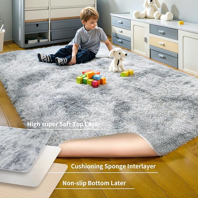 KICHOWUA Thick Area Rug 5x7 Light Grey Fluffy Shag - Image 4