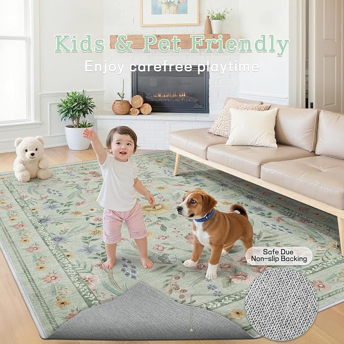 Green Floral Rug for Girls, 5x7 Washable Botanical Bedroom Rug for Nursery - Image 4