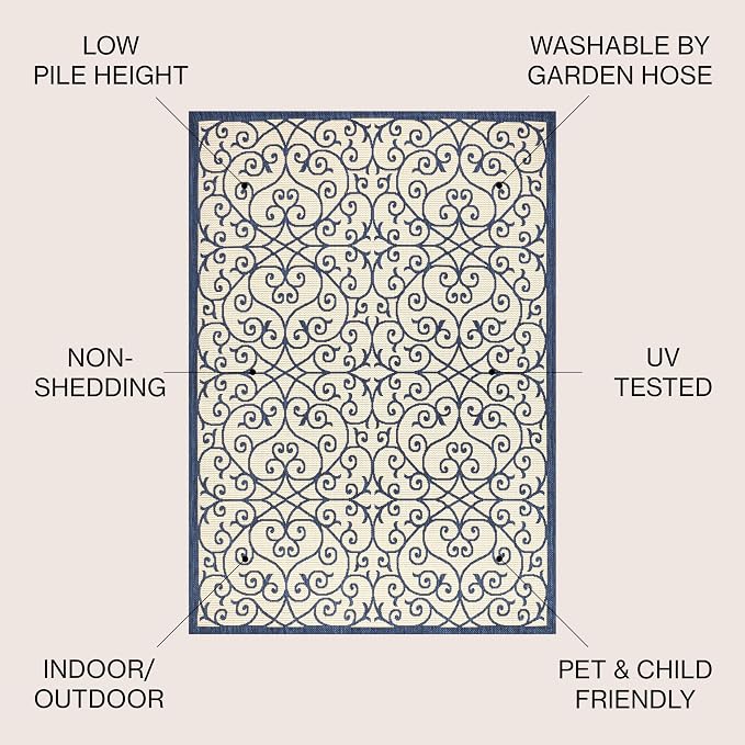 JONATHAN Y Vintage Filigree Indoor Outdoor Round Area Rug 5 Ft Navy/Beige - Image 2