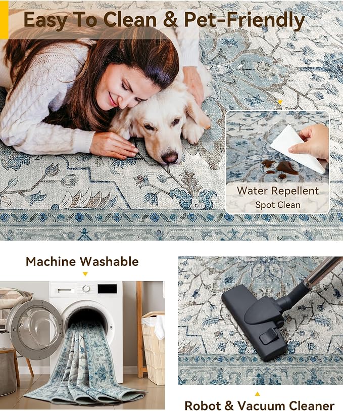 RELEANY Area Rugs Large 10'x14' Washable Non-Slip, Floral Vintage Distress - Image 5