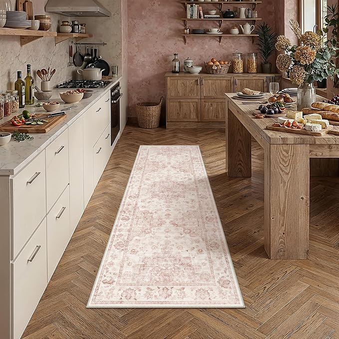 2x6 Washable Neutral Runner Rug Pink Vintage Hallway Kitchen Carpet Non-Slip by WondRg