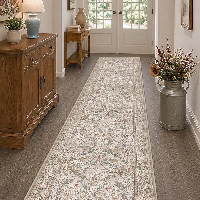 Vintage Floral Moss Green 2x10 Hallway Runner Rug Non Slip - 10 ft Extra Long by Evyhood
