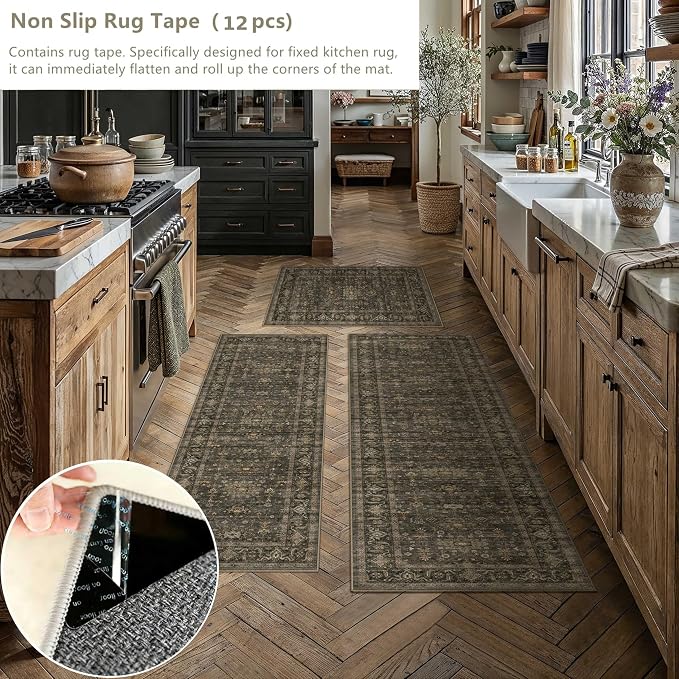 Kitchen Rug Set of 3 Washable Brown Vintage Kitchen Mats - Image 2
