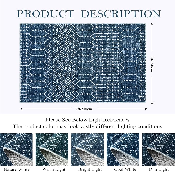 Lahome Moroccan Blue Area Rug 5x7 Machine Washable Non-Slip Throw Living Room - Image 2