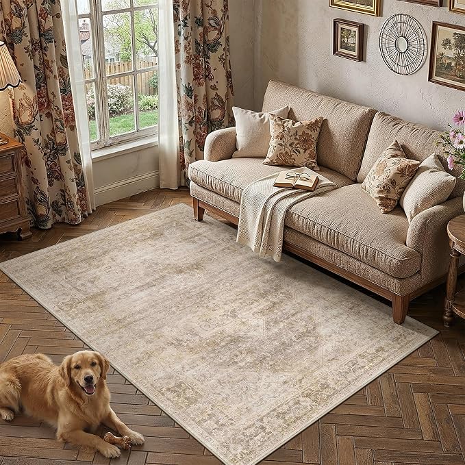 4x6 Washable Neutral Area Rug Beige Vintage Entryway Bathroom Carpet Non-Slip - Image 3