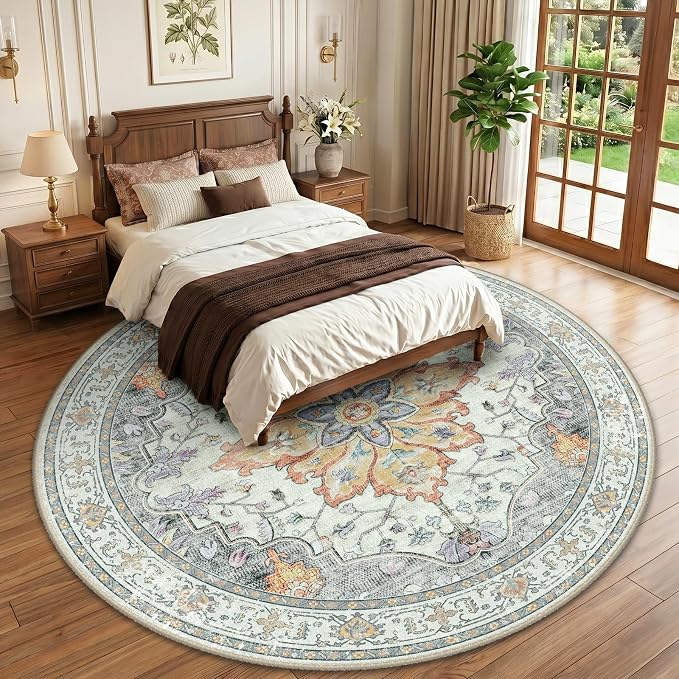 RELEANY Area Rugs Round 10ft Washable Non-Slip, Floral Vintage Distress - Image 2