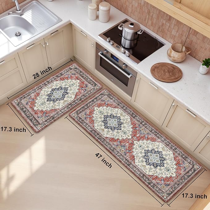 Boho Kitchen Mats for Floor 2 Piece Set Anti Fatigue Cushioned PVC Kitchen Rugs - Image 2