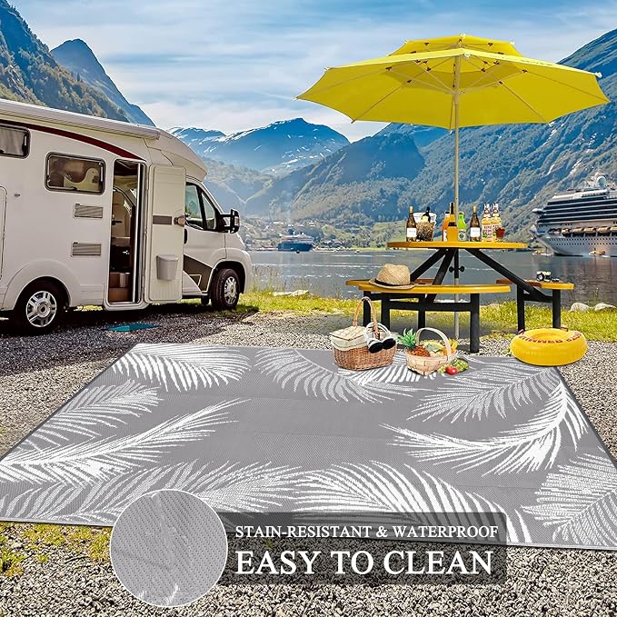 Pauwer Outdoor Rug, Leaf Grey, Reversible, Waterproof, Polypropylene, - Image 7