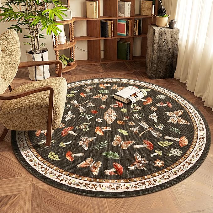 Mushroom Insect 5ft Round Rug Washable Non-Slip Soft Ultra-Thin Small Boho by ROYHOME