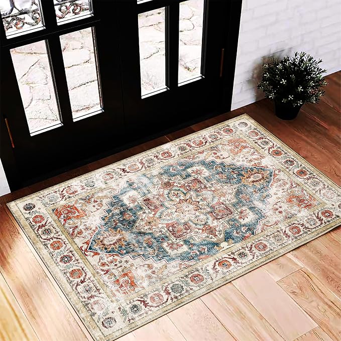 CHAMPLANT Beige Blue Area Rug 2'x3' Washable Rug Door Mat Vintage Distressed by CHAMPLANT